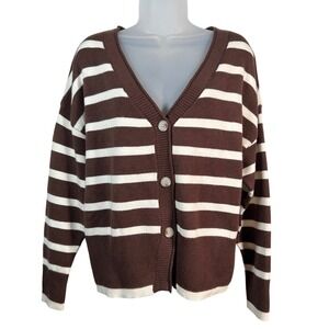 Promesa Womens Sweater Brown White Striped Button Front V-Neck Cardigan Small